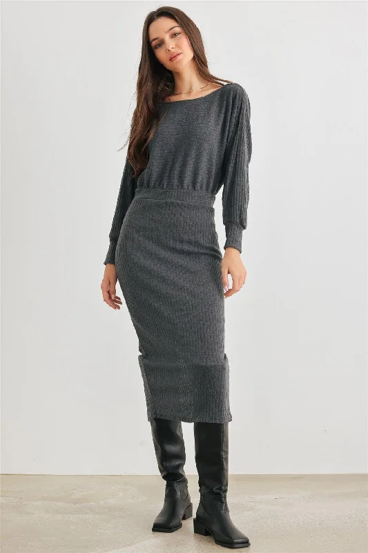 Fashion Forward Femme Dark Olive Ribbed Knit Cut-Out Back Long Sleeve Midi Dress /2-2-2