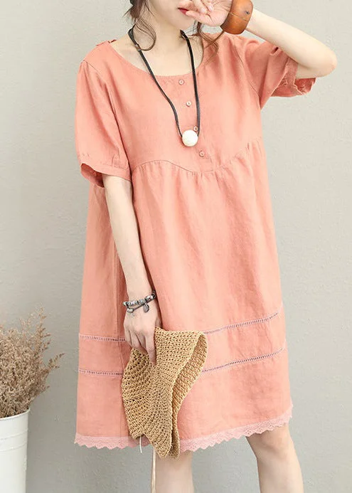 Chic Style, Always In Vogue boutique light orange Midi linen dresses oversize linen clothing dress fine patchwork lace hollow out midi dress