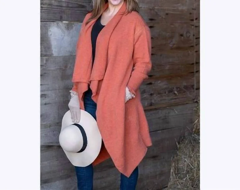 Sale On Clothing Long Open Front Cardigan In Coral Orange Rust