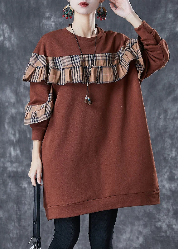 Trendy Women's Fashion Plus Size Brown Ruffled Patchwork Cotton Sweatshirts Dress Fall