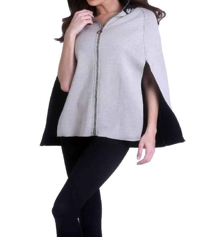 Versatile Women's Fashion High Slit Detachable Hooded Poncho In Black/stone