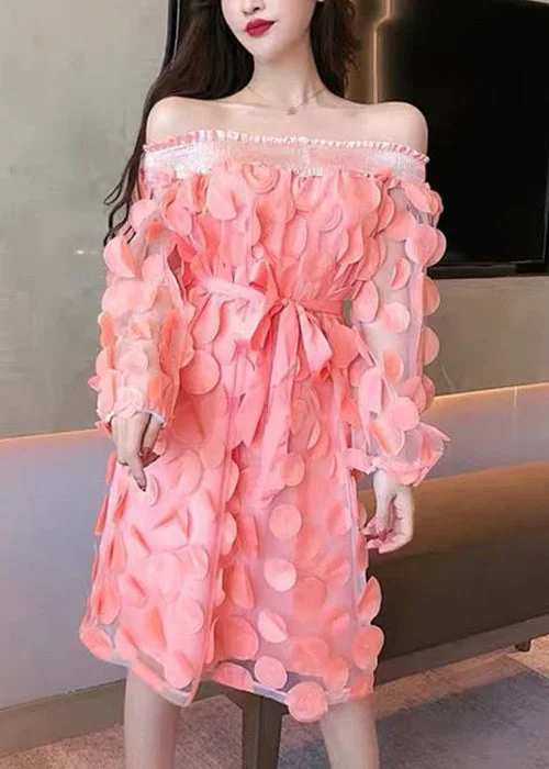 Exclusive Women's Fashion Collection Art Pink Slash Neck Tie Waist Patchwork Tulle Mid Dress Long Sleeve