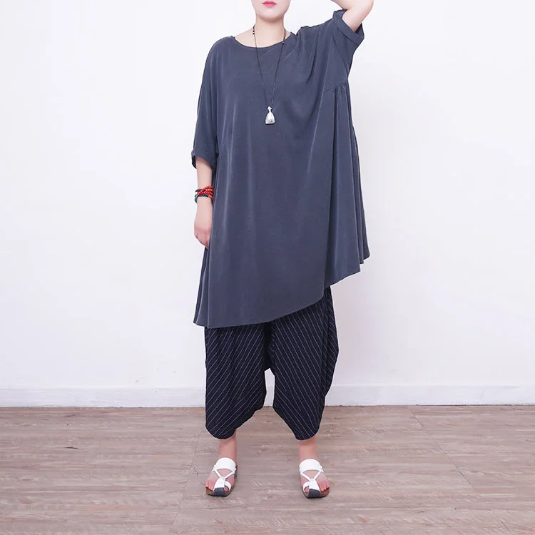 Elegant Clothing New light gray Midi silk dresses oversized silk clothing dress fine short sleeve o neck cotton dresses