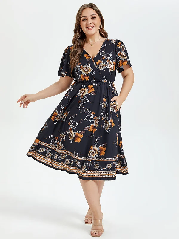 New Styles Just In Floral Print V-Neck Butterfly Sleeve Elastic Waist Midi Dress