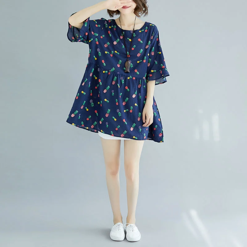 Sophisticated Outfits fine blue cotton shift dresses plus size clothing maxi dress casual Half sleeve floral v neck cotton dress