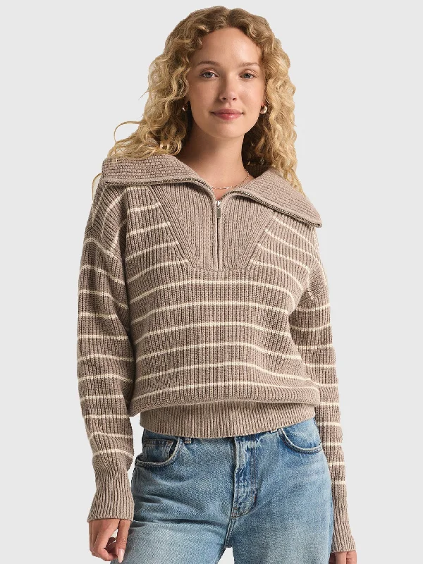 Big Savings Z-Supply Villa Half Zip Stripe Sweater - HEATHER TAUPE