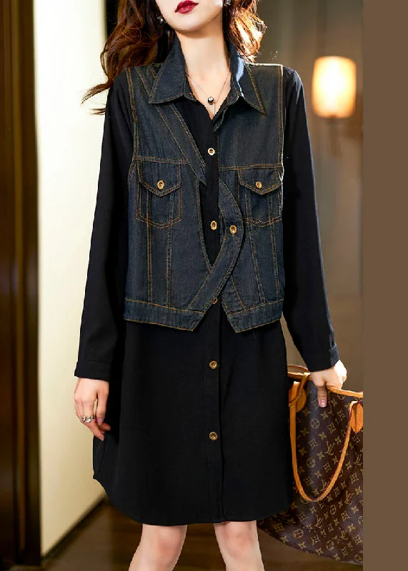 Comfortable Chic New Black Button Denim Patchwork False Two Pieces Shirt Dress Spring