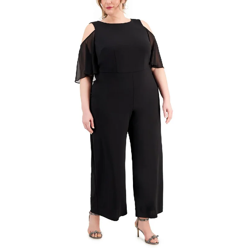 Fashion Forward Femininity Connected Apparel Womens Plus Wide Leg Cold Shoulder Jumpsuit