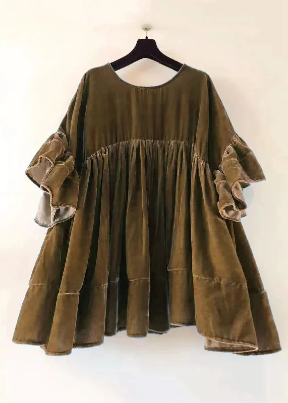 Luxe Women's Fashion Plus Size Brown Wrinkled Patchwork Velour Short Dress Butterfly Sleeve