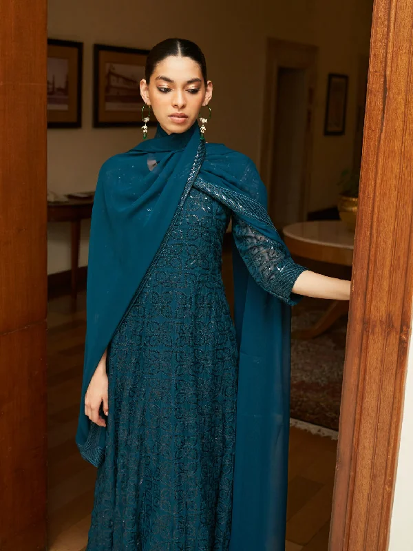 Elevate Your Wardrobe PEACOCK BLUE GEORGETTE ANARKALI SUIT WITH ALLOVER SEQUENCE WORK