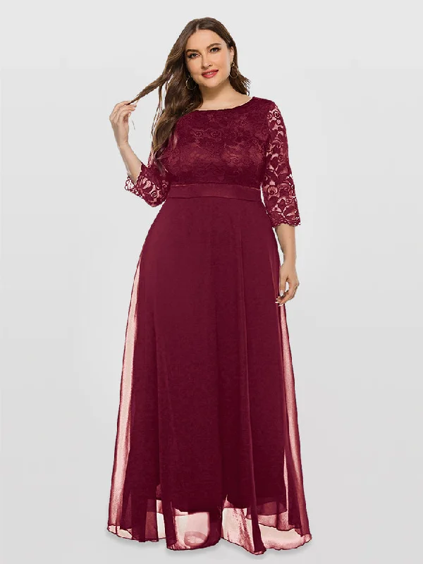 Chic And Trendy Solid Lace Mesh Patchwork Round Neck Bridesmaid Dress