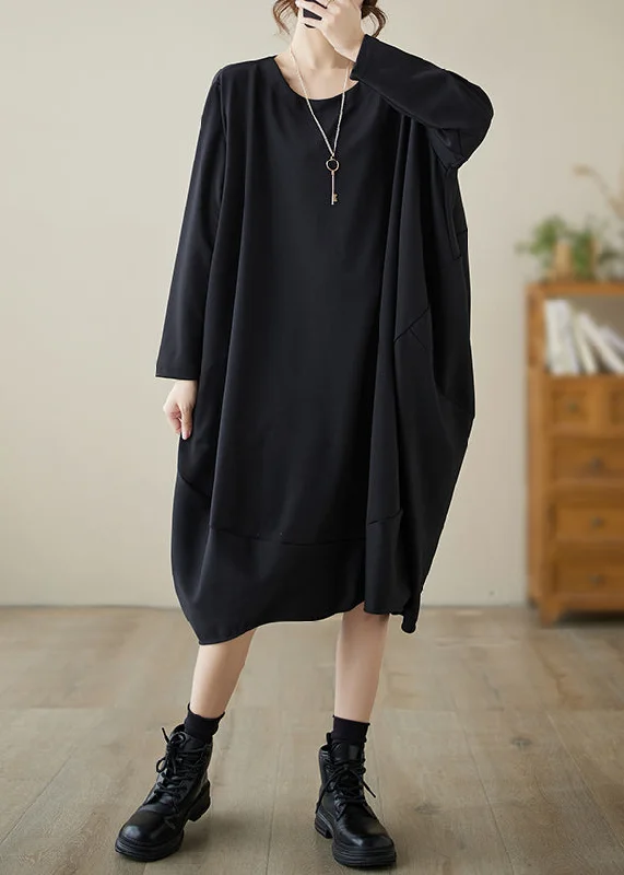 Minimalist Women's Fashion Clothing French Black O-Neck Low High Design Cotton Dress Fall