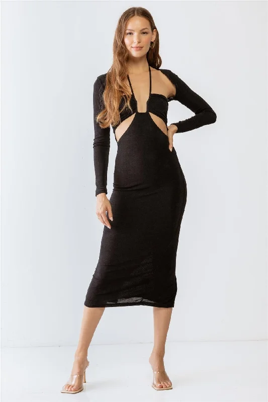 Women's Fashion Essentials Black Cut-Out Sleeveless Midi Dress & Open Front Long Sleeve Cover-Up Set /3-2-1