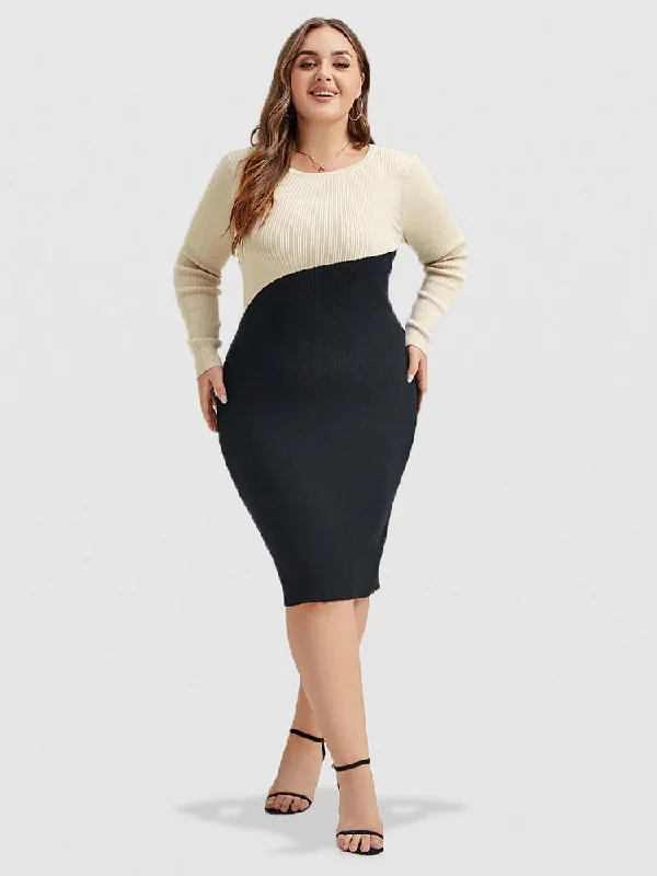 Exclusive Sale Two Tone Round Neck Bodycon Midi Sweater Dress