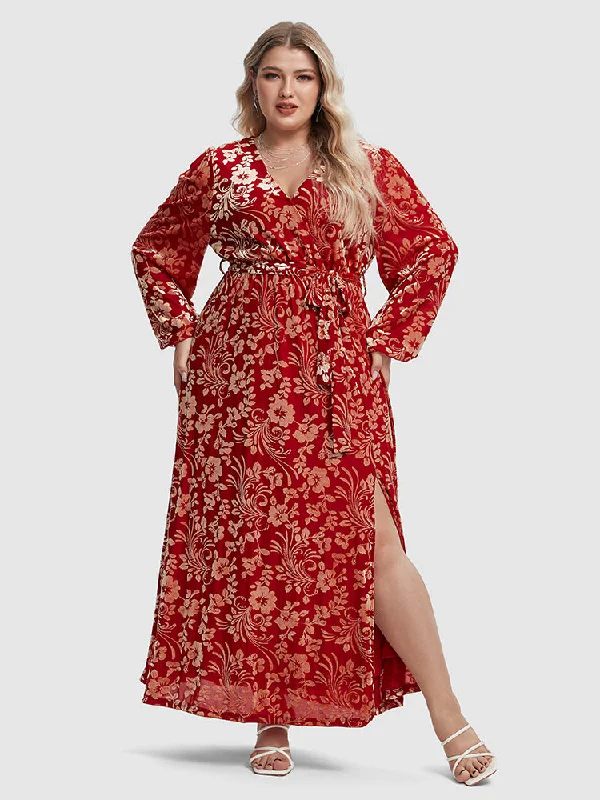 Holiday Special Offers Floral Print V Neck Belted Split Velvet Dress