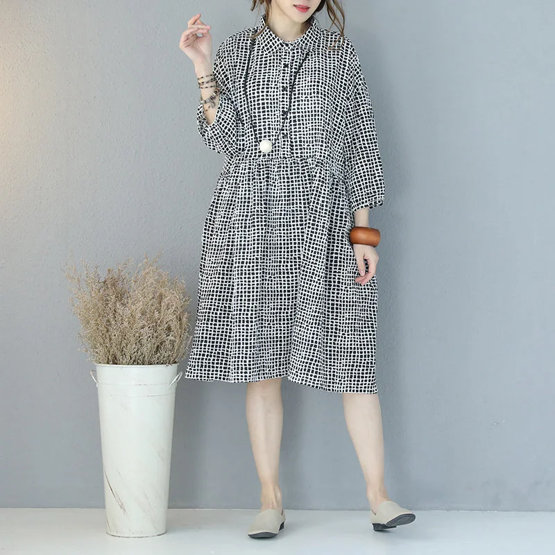 Unleash Your Trendy Side fine black plaid pure cotton dress plus size clothing shirt dress boutique lapel collar bracelet sleeved natural cotton dress