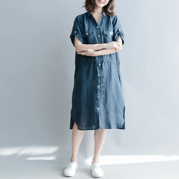 Relaxed Style boutique navy linen dresses oversize linen clothing dresses 2018 short sleeve pockets Turn-down Collar midi dress