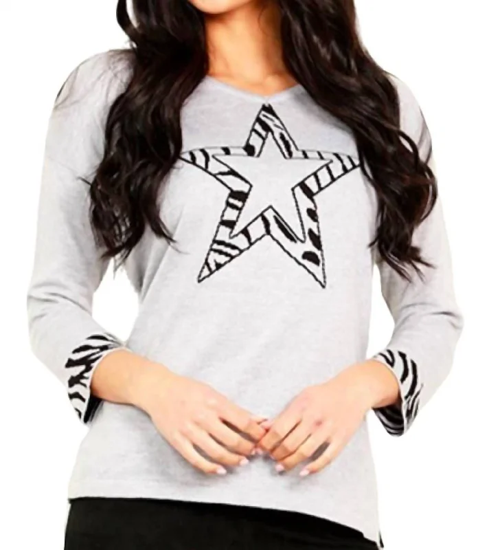 Modern Women's Apparel 3/4 Star Sleeve V-Neck Sweater In Silver