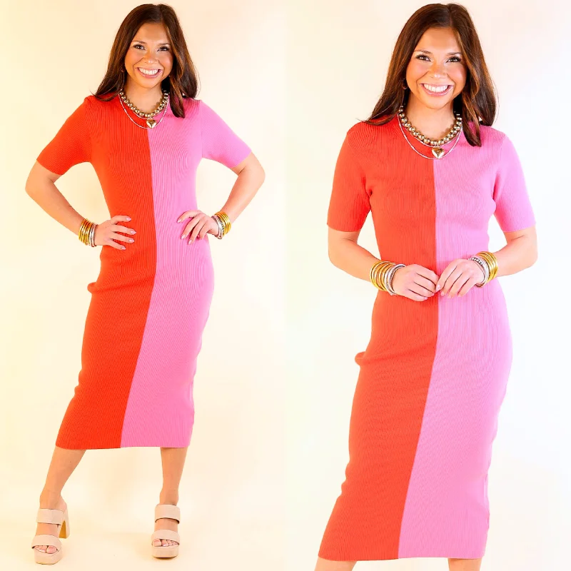 Business Casual Outfits No Drama Ribbed Short Sleeve Midi Dress in Red and Pink