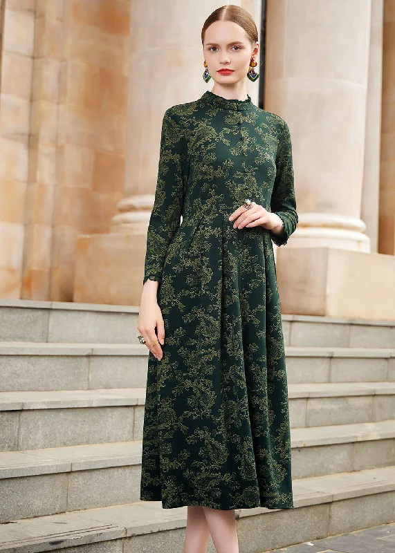 Casual Chic Slim Fit Blackish Green Print Wrinkled High Waist Knit Maxi Dresses Long Sleeve