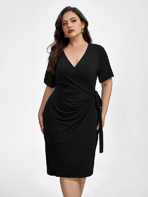 Stylish Statements Plus Plain Crisscross Ruched Wrap Party Midi Dress