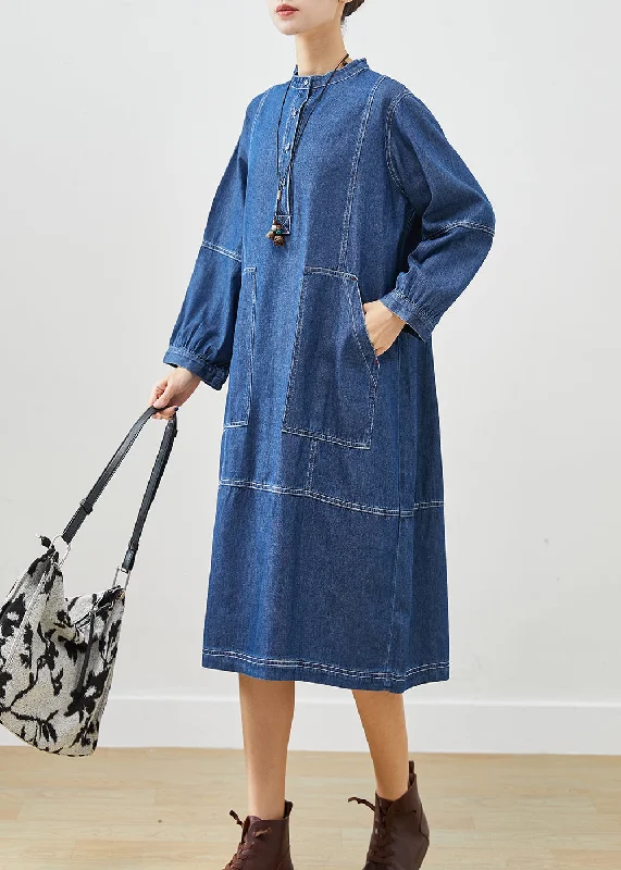 Trendy Women's Fashion Boho Dark Blue Oversized Patchwork Cotton Vacation Dresses Fall