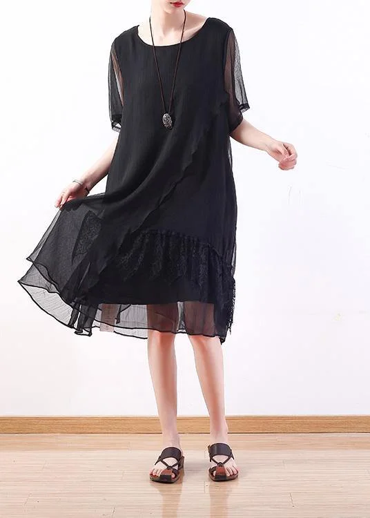 Casual Chic Handmade black Chiffon tunics for women Organic Outfits layered loose summer Dress