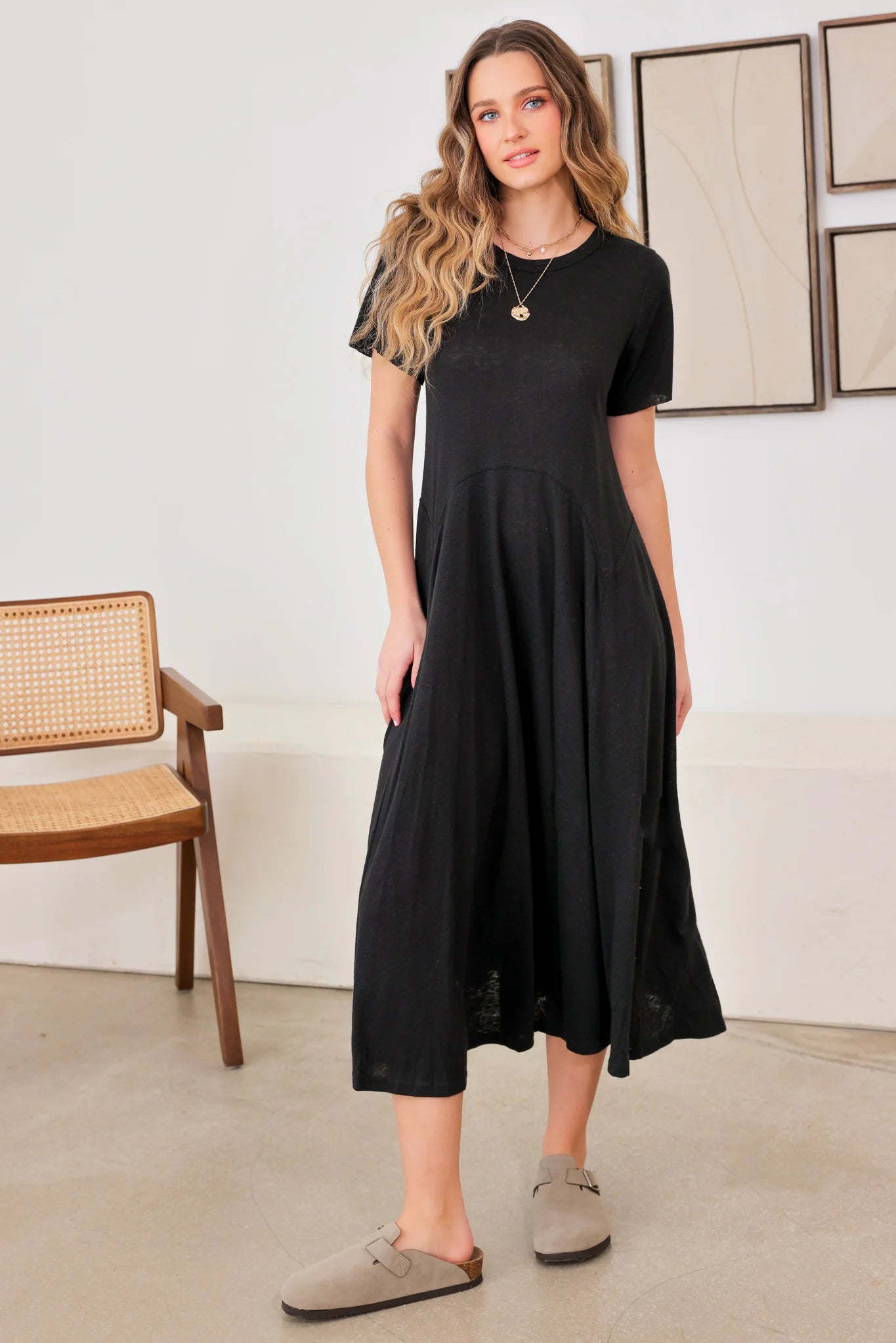 Women's Stylish Outerwear Short Sleeve Wide Hem Open Back Midi Dress