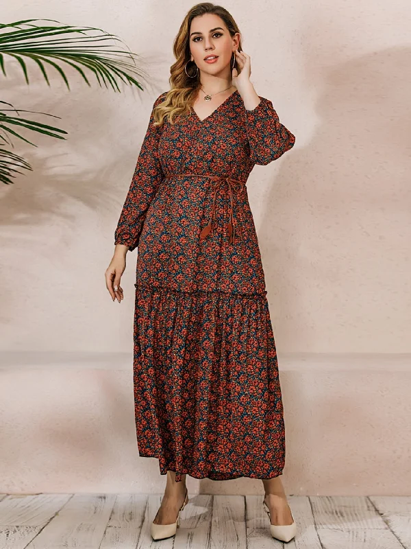 Online Boutique Stores KittenAlarm - French Elegant Large Size Oversize Red Printed Long Sleeve V-Neck Dress