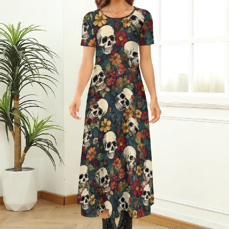 Fashion Forward Femme Skulls With Fall Flowers Round Neck Short Sleeve Maxi Dress