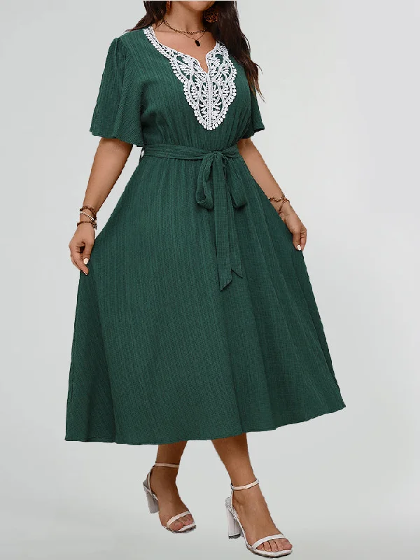 Online Shopping Boutiques Embroidery Lace V Neck Ruffle Sleeve Belted Dress