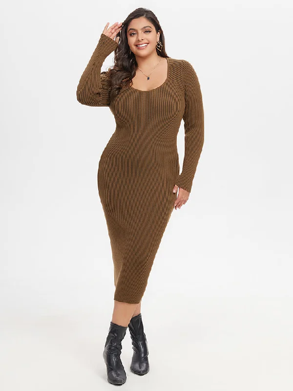 Quality Driven Apparel Square Neck Ribbed Knit Midi Sweater Dress