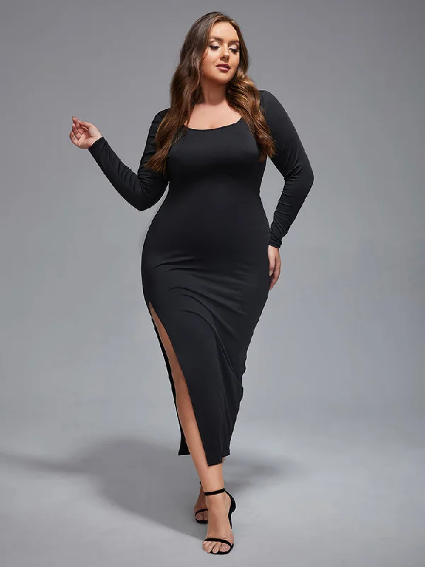 Trendy Street Style Plus Side Split Round Neck Bodycon Maxi Dress