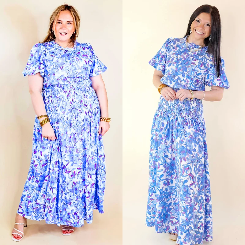 Outfits For Women Moonlit Bay Floral High Neck Maxi dress with Smocked Waistline in Blue