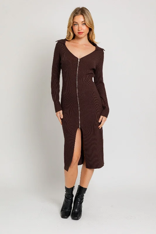 Signature Style Essentials Ribbed Zip Front Ribbed Collared Sweater Midi Dress