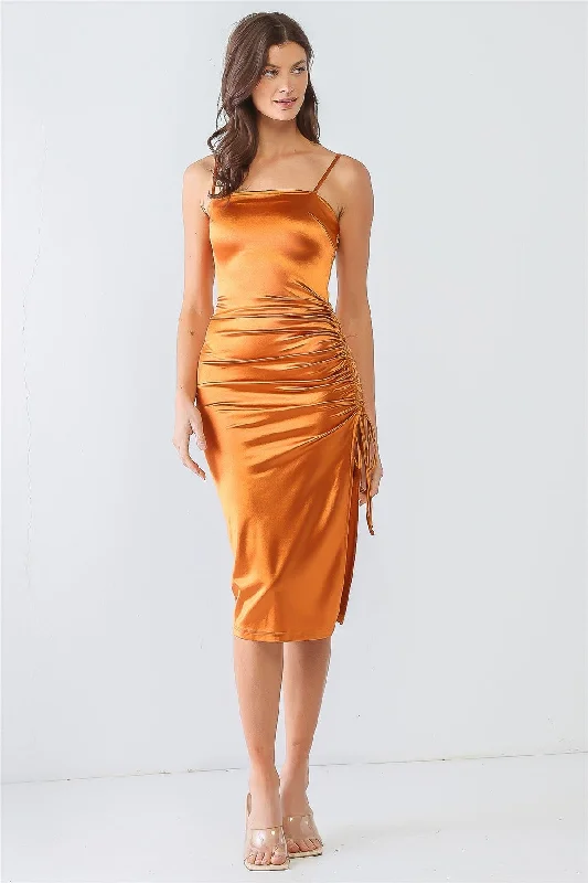 Valentine's Special Rust Satin Strappy Ruched Side Slit Midi Dress