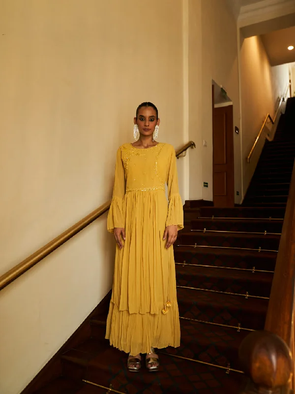 Clothes Of Woman LEMON YELLOW PURE GEORGETTE GOWN WITH INTRICATE HANDWORK EMBRIODERY