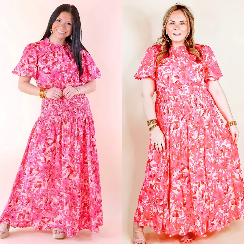 Clothes For Woman Moonlit Bay Floral High Neck Maxi dress with Smocked Waistline in Pink