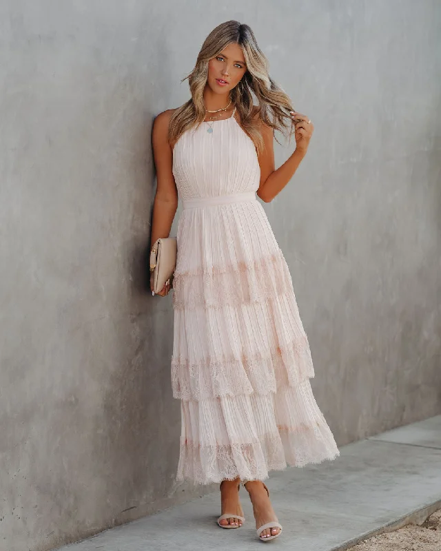 Seasonal Trends KittenAlarm - Affection Pleated Tiered Lace Maxi Dress - Blush