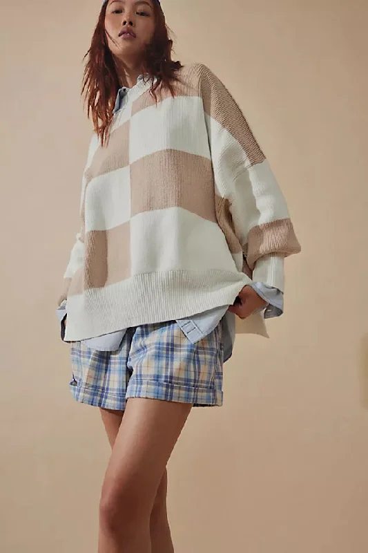 Chic Women's Clothing Online Free People Easy Street Checkered Tunic Sweater - WHITE SAND COMBO