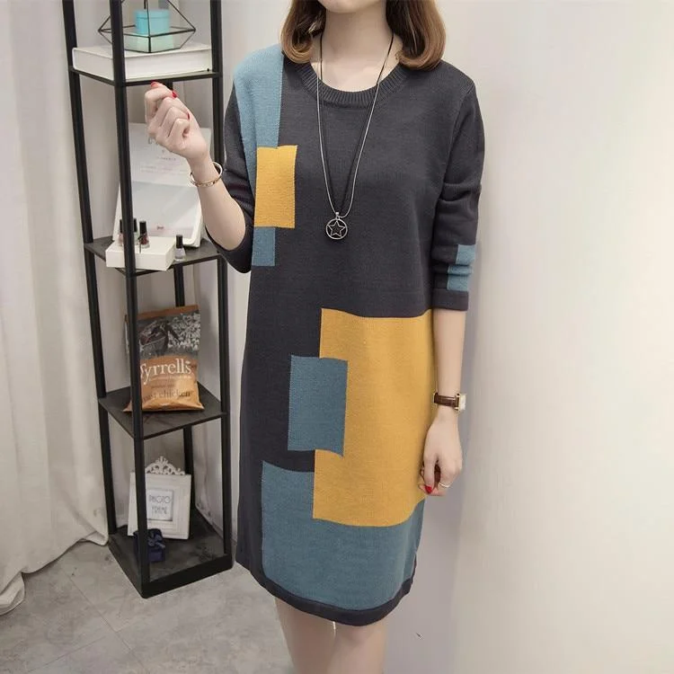 Fashion Sale Geometric Plus Size Knitted Sweater Dress