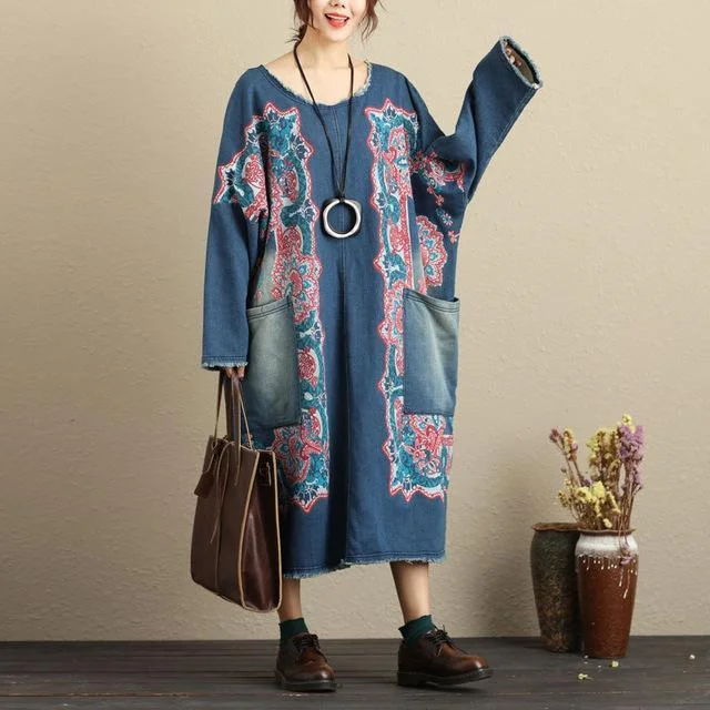 Luxe Women's Fashion Flash Patchwork Denim Dress With Large Pockets