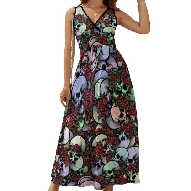 Everyday Fashion Ladies Skulls & Red Flowers Cross Front Sleeveless Dress