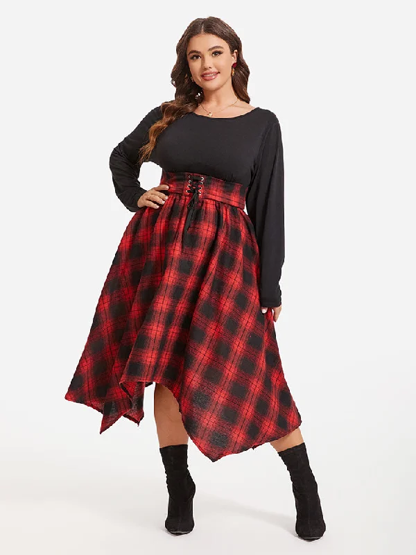 Holiday Discount Plaid Print Lace Up Front Asymmetrical Hem Midi Dress