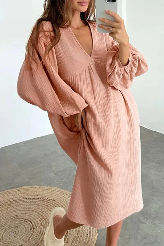 Fashionable Casual Tops Double Crepe V Neck Puff Sleeve Loose Dress