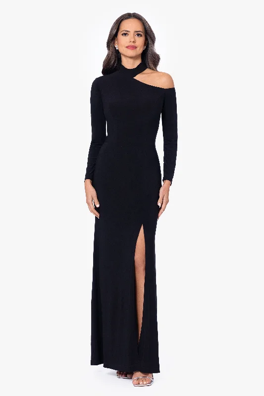 Fashion Forward "Aletta" Jersey Knit Long Sleeve One Shoulder Cut Out Long Dress