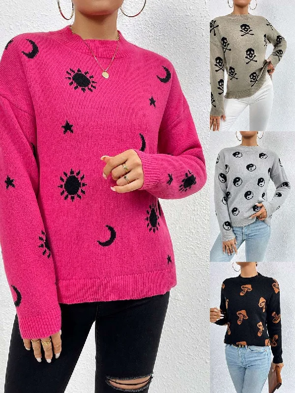 Huge Discounts This Week Jacquard Crewneck Pullover Knitted Sweaters For Women