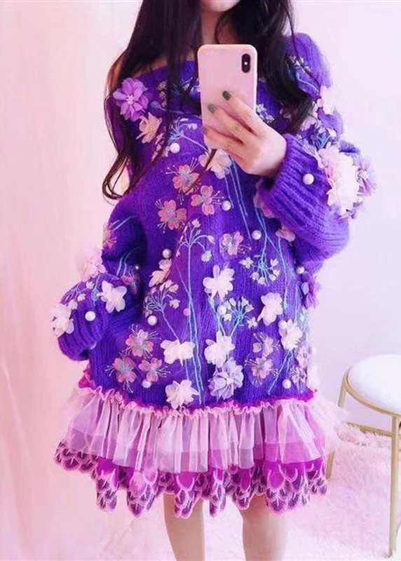 Exclusive Online Sale Handmade Purple O-Neck Embroidered Floral Tulle Patchwork Knit Mid Dresses Fall