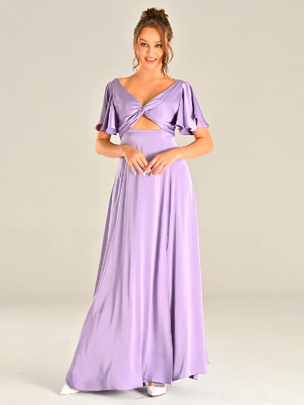 Elegant Simplicity Wardrobe Lilac Satin Bridesmaid Dresses Flutter sleeves V Neck