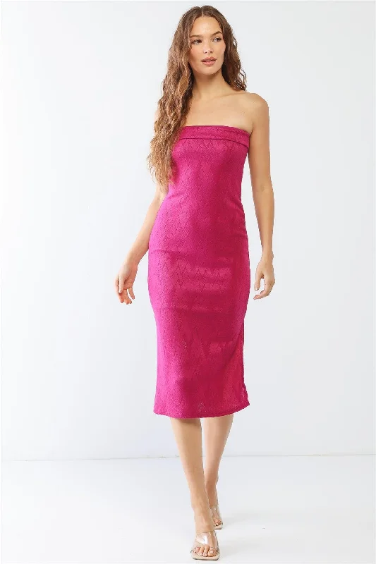 Chic Casual Wardrobe Essentials Magenta Geo Print Strapless Slit Midi Dress